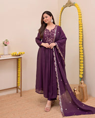 Wine, Sapphire Blue & Ivory White Chanderi Silk Embroidered Anarkali Kurta Pant Set with Embroidered Chanderi Dupatta