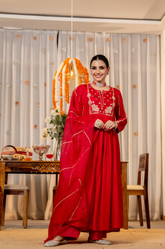 Ruby Red, Burnt Orange & Emerald Green Chanderi Silk Embroidered Anarkali Kurta Pant Set with Organza Dupatta