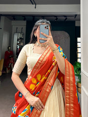 Designer Poly Kotha Tasar Lehenga Choli with Printed Dupatta | Traditional Zari Border Festive Lehenga Set for Women