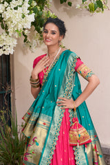 Designer Jacquard Silk Paithani Lehenga Choli Set with Zari Weaving, Sequins Embroidery & Scallop Lace Dupatta | Premium Festive Wedding Lehenga for Women