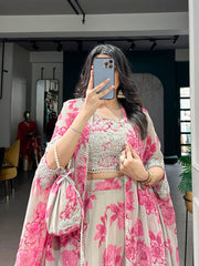 Lavender, Pink, Mustard & Mint Green Georgette Floral Lehenga with Embroidered Cape Dupatta & Batwa | Designer Party Wear Lehenga for Women