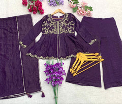 Premium Crunchy Silk Embroidered Peplum Palazzo Suit Set with Matching Crunchy Silk Dupatta | Designer Ethnic Wear for Women