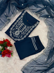 Roman Silk Embroidered Kurta Pant Set with Organza Dupatta | Designer Ethnic Suit Set for Women
