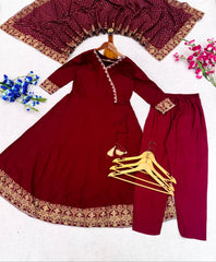 Rooprangi Women's Heavy Rayon Embroidered Anarkali Kurta Pant Set with Foil Print Dupatta