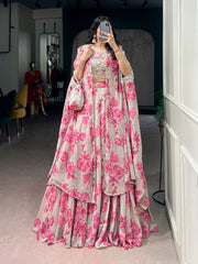 Lavender, Pink, Mustard & Mint Green Georgette Floral Lehenga with Embroidered Cape Dupatta & Batwa | Designer Party Wear Lehenga for Women