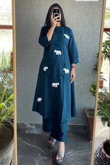 Heavy Rayon Embroidered Kurta Pant Set with Elephant Motif | Designer Casual Ethnic Wear for Women