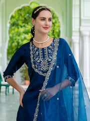 Roman Silk Embroidered Kurta Pant Set with Organza Dupatta | Designer Ethnic Suit Set for Women