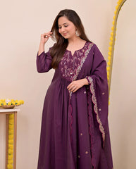 Wine, Sapphire Blue & Ivory White Chanderi Silk Embroidered Anarkali Kurta Pant Set with Embroidered Chanderi Dupatta