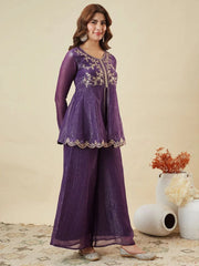 Premium Crunchy Silk Embroidered Peplum Palazzo Suit Set with Matching Crunchy Silk Dupatta | Designer Ethnic Wear for Women