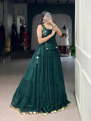 Classic Black Marble Navratri Lehenga Choli Set with Sheer Tunic & Cowrie Bell Detailing