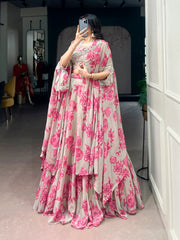 Lavender, Pink, Mustard & Mint Green Georgette Floral Lehenga with Embroidered Cape Dupatta & Batwa | Designer Party Wear Lehenga for Women