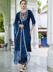 Roman Silk Embroidered Kurta Pant Set with Organza Dupatta | Designer Ethnic Suit Set for Women