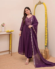 Wine, Sapphire Blue & Ivory White Chanderi Silk Embroidered Anarkali Kurta Pant Set with Embroidered Chanderi Dupatta