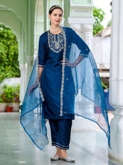 Roman Silk Embroidered Kurta Pant Set with Organza Dupatta | Designer Ethnic Suit Set for Women