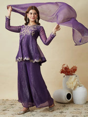 Premium Crunchy Silk Embroidered Peplum Palazzo Suit Set with Matching Crunchy Silk Dupatta | Designer Ethnic Wear for Women