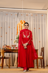 Ruby Red, Burnt Orange & Emerald Green Chanderi Silk Embroidered Anarkali Kurta Pant Set with Organza Dupatta
