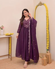 Wine, Sapphire Blue & Ivory White Chanderi Silk Embroidered Anarkali Kurta Pant Set with Embroidered Chanderi Dupatta