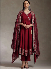 Rooprangi Women's Heavy Rayon Embroidered Anarkali Kurta Pant Set with Foil Print Dupatta