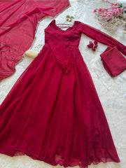Georgette Anarkali Suit Set with Mirror Lace Dupatta – Wine, Mint Green & Lavender
