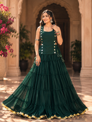 Classic Black Marble Navratri Lehenga Choli Set with Sheer Tunic & Cowrie Bell Detailing