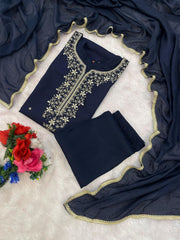 Premium Roman Silk Embroidered Suit Set with Chanderi Silk Dupatta | Designer Ethnic Wear for Women