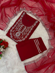 Roman Silk Embroidered Kurta Pant Set with Organza Dupatta | Designer Ethnic Suit Set for Women