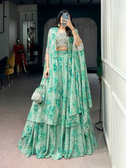 Lavender, Pink, Mustard & Mint Green Georgette Floral Lehenga with Embroidered Cape Dupatta & Batwa | Designer Party Wear Lehenga for Women