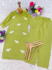 Heavy Rayon Embroidered Kurta Pant Set with Elephant Motif | Designer Casual Ethnic Wear for Women