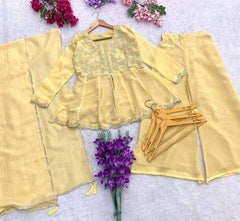 Premium Crunchy Silk Embroidered Peplum Palazzo Suit Set with Matching Crunchy Silk Dupatta | Designer Ethnic Wear for Women