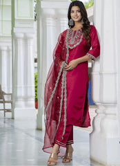 Roman Silk Embroidered Kurta Pant Set with Organza Dupatta | Designer Ethnic Suit Set for Women