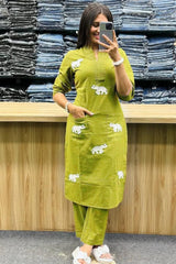 Heavy Rayon Embroidered Kurta Pant Set with Elephant Motif | Designer Casual Ethnic Wear for Women