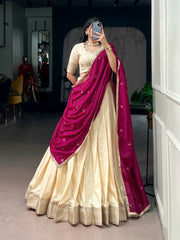 Designer Poly Kotha Tasar Lehenga Choli with Printed Dupatta | Traditional Zari Border Festive Lehenga Set for Women
