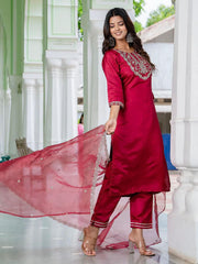 Roman Silk Embroidered Kurta Pant Set with Organza Dupatta | Designer Ethnic Suit Set for Women