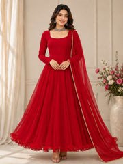 Solid Georgette Anarkali Gown Set with Lace Border Dupatta | Designer Party Wear & Festive Wear Gown for Women