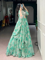Lavender, Pink, Mustard & Mint Green Georgette Floral Lehenga with Embroidered Cape Dupatta & Batwa | Designer Party Wear Lehenga for Women