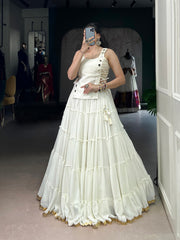 Classic Black Marble Navratri Lehenga Choli Set with Sheer Tunic & Cowrie Bell Detailing