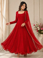 Solid Georgette Anarkali Gown Set with Lace Border Dupatta | Designer Party Wear & Festive Wear Gown for Women