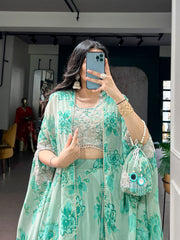 Lavender, Pink, Mustard & Mint Green Georgette Floral Lehenga with Embroidered Cape Dupatta & Batwa | Designer Party Wear Lehenga for Women