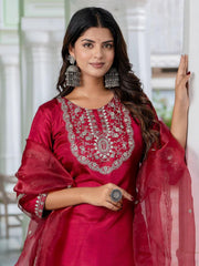 Roman Silk Embroidered Kurta Pant Set with Organza Dupatta | Designer Ethnic Suit Set for Women