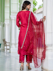 Roman Silk Embroidered Kurta Pant Set with Organza Dupatta | Designer Ethnic Suit Set for Women