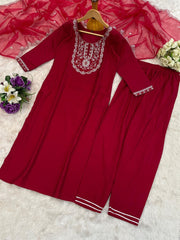 Roman Silk Embroidered Kurta Pant Set with Organza Dupatta | Designer Ethnic Suit Set for Women