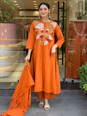 Burnt Orange Chanderi Silk Embroidered Kurta Pant Set with Chanderi Dupatta