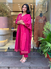 Rani Pink Chanderi Silk Embroidered Kurta Pant Set with Embroidered Chanderi Dupatta