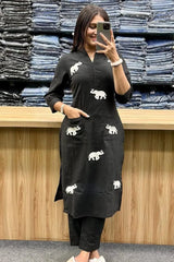 Heavy Rayon Embroidered Kurta Pant Set with Elephant Motif | Designer Casual Ethnic Wear for Women
