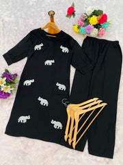 Heavy Rayon Embroidered Kurta Pant Set with Elephant Motif | Designer Casual Ethnic Wear for Women