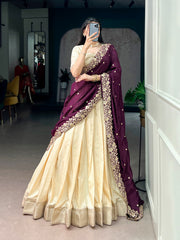 Designer Poly Kotha Tasar Lehenga Choli with Printed Dupatta | Traditional Zari Border Festive Lehenga Set for Women