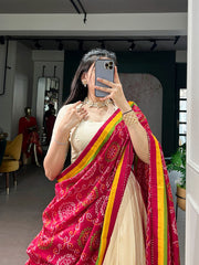 Designer Poly Kotha Tasar Lehenga Choli with Printed Dupatta | Traditional Zari Border Festive Lehenga Set for Women