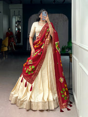 Designer Poly Kotha Tasar Lehenga Choli with Printed Dupatta | Traditional Zari Border Festive Lehenga Set for Women