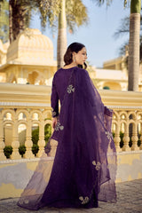 Royal Purple Chanderi Silk Embroidered Kurta Palazzo Set with Organza Embroidered Dupatta