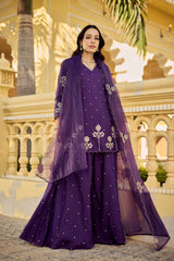 Royal Purple Chanderi Silk Embroidered Kurta Palazzo Set with Organza Embroidered Dupatta